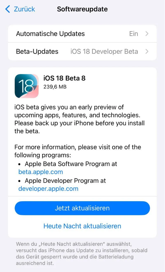 武威苹果手机维修分享苹果 iOS / iPadOS 18 开发者预览版 Beta 8 发布 